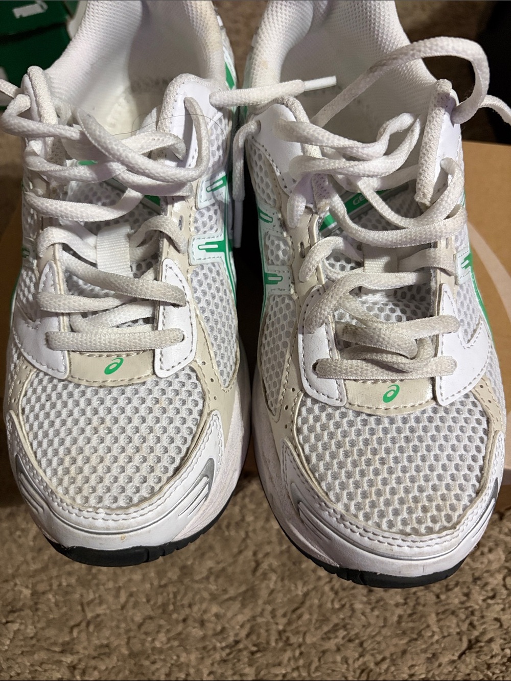 Asics White and Green Kids Mesh Athletic Sneakers